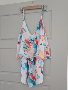 Saks Fifth Avenue White Floral Watercolor Print Spaghetti Strap Romper